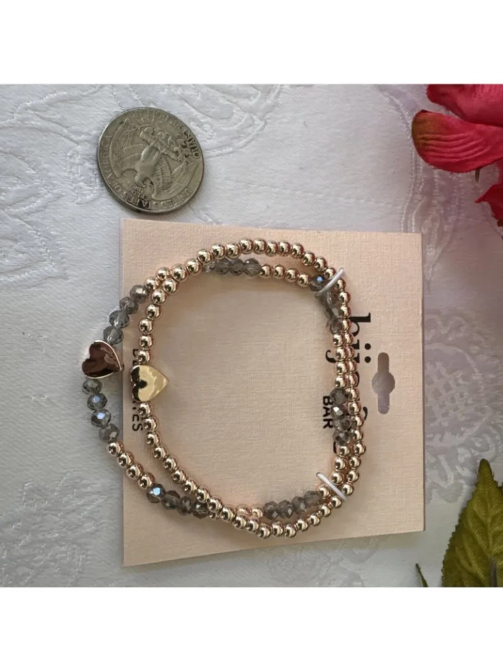 Bijoux Bar Delicates Dainty Silver Goldtone Bracelet Gray Rhinestone Beads NEW